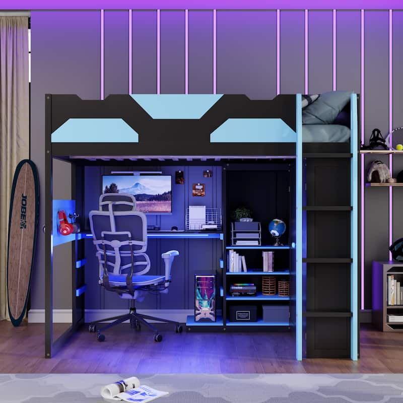 All-in-one Esports Gaming & Work Loft Bed with Adjustable Desk, LED, Charging Station, Pegboard, Storage Shelves and Wardrobe