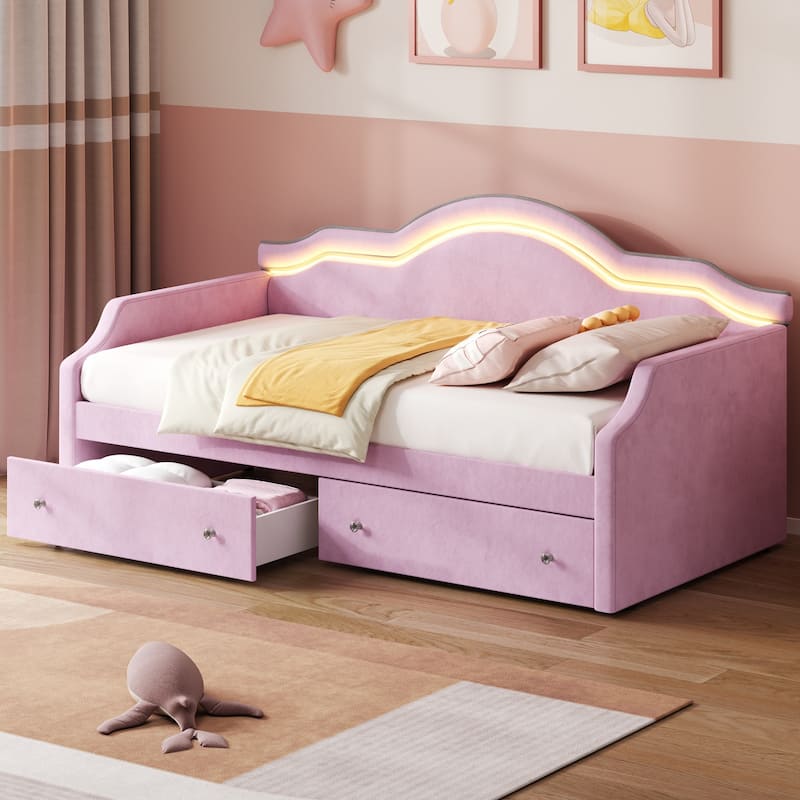 Upholstered Daybed with 2 Drawers, Wave Backrest Frame with Ambient Lighting, No Box Spring Needed Storage Sofa Bed