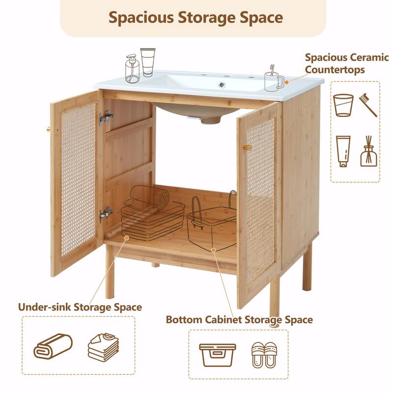 30" Bathroom Vanity with Handmade Rattan Doors - Natural Materials & Soft-Close Mechanisms