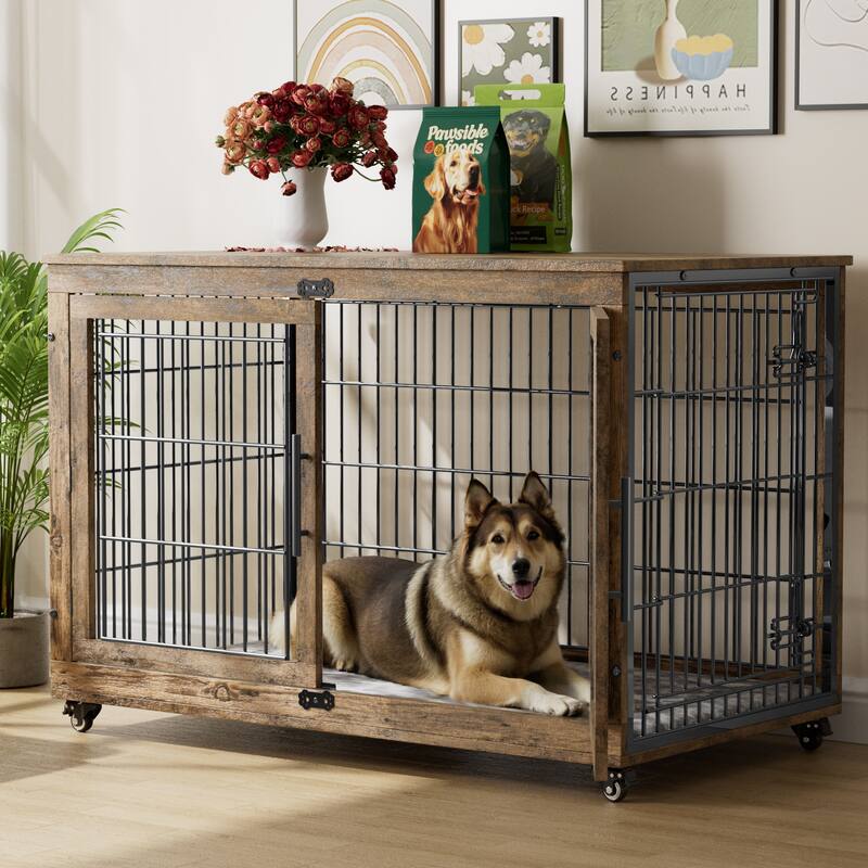 Dog Crate Indoor Heavy Duty Double Doors Wooden Dog Cage with Cushion