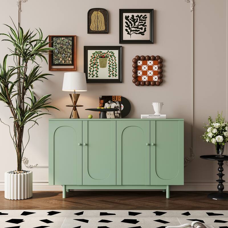 Stylish and Functional 4-Door Intaglio Storage Cabinet with Wood Legs - Mint Green