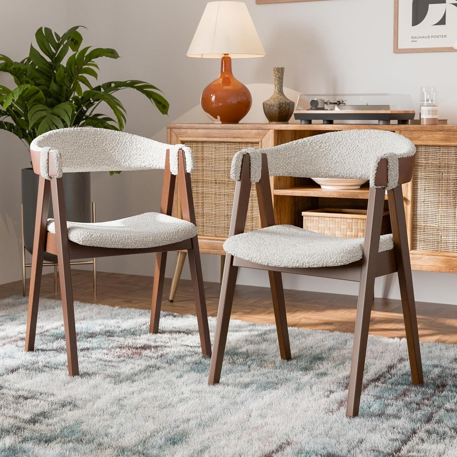 Walnut Finish Sleek Modern Upholstered Arm Chairs