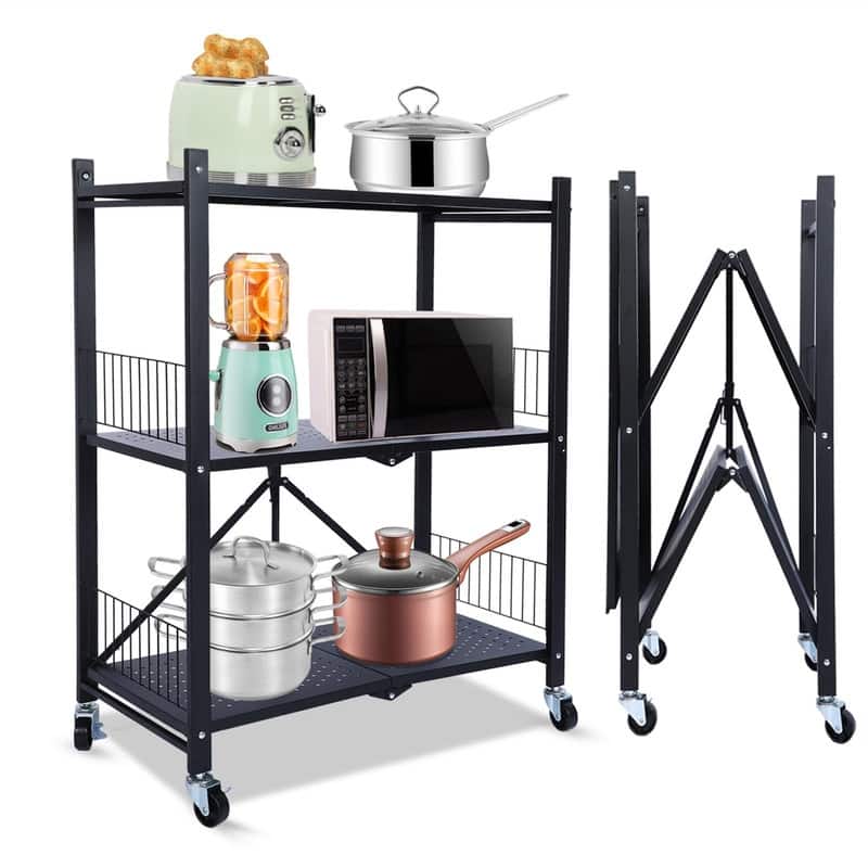 3-Tier Foldable Storage Shelving Kitchen Storage Shelves - 28"D x 14.2"W x 35.6"H
