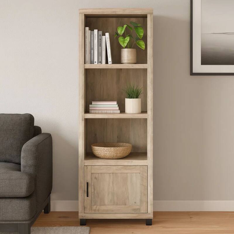 Sac 71 Inch Media Pier Tower with 3 Shelves and Cabinet, Antique Pine Wood