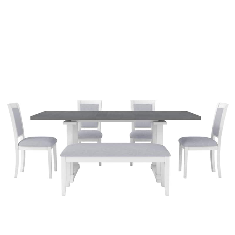 6-Piece Extendable Trestle Dining Table Set with Removable Leaf, Kitchen Set with Upholstered Chairs and Bench