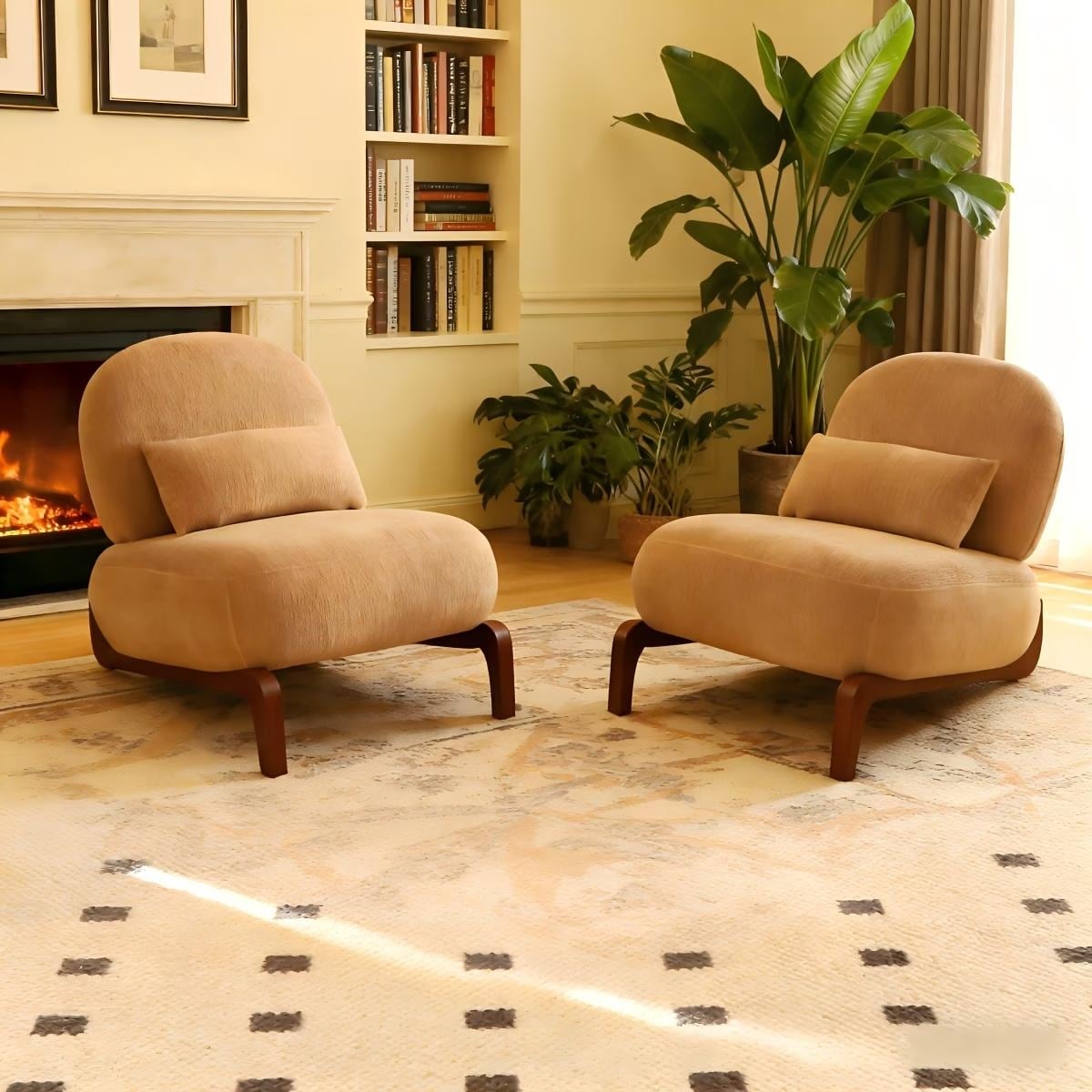 Simple Accent Chair Armless Reading Chair with Wood Legs, Camel Side Chair Lounge Chair Set of 2 Office Chair