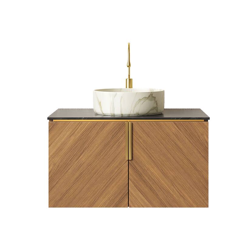 30" Bathroom Vanity Sink, Floating Plywood Bathroom Storage Cabinet with 2 Doors, Sintered Stone Countertop Round Ceramic Basin