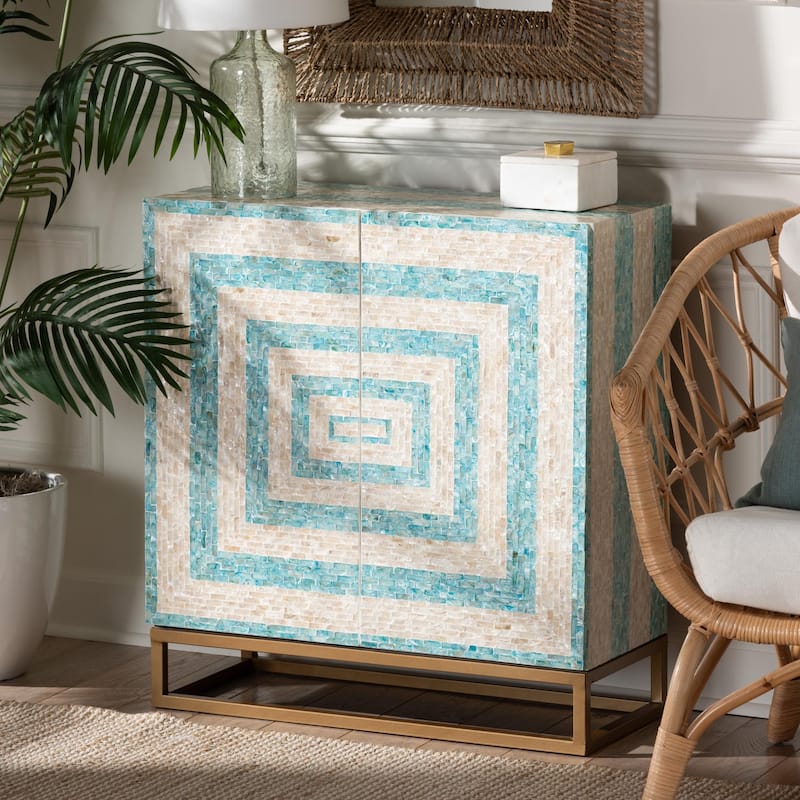 Utari Modern Bohemian Two-Tone Beige and Blue Mother of Pearl and Gold Metal Storage Cabinet