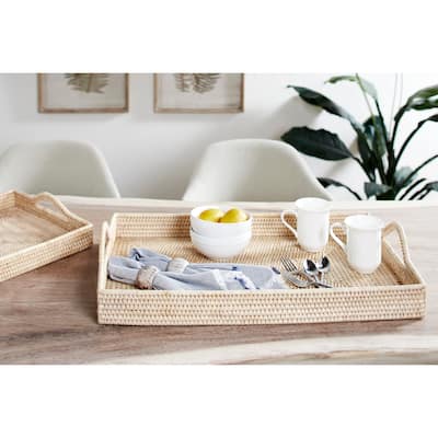 Cream or Brown Rattan Tray (Set of 2) - 26 x 16 x 3