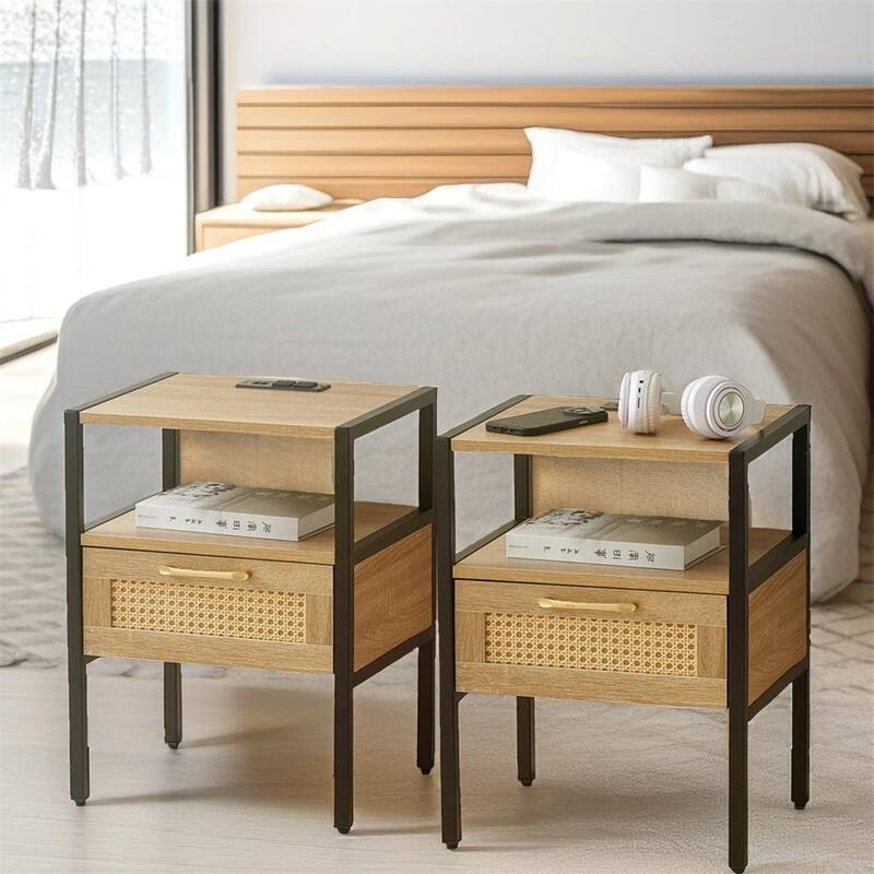 Modern Nightstand with Power Outlet and USB Ports(Set of 2)