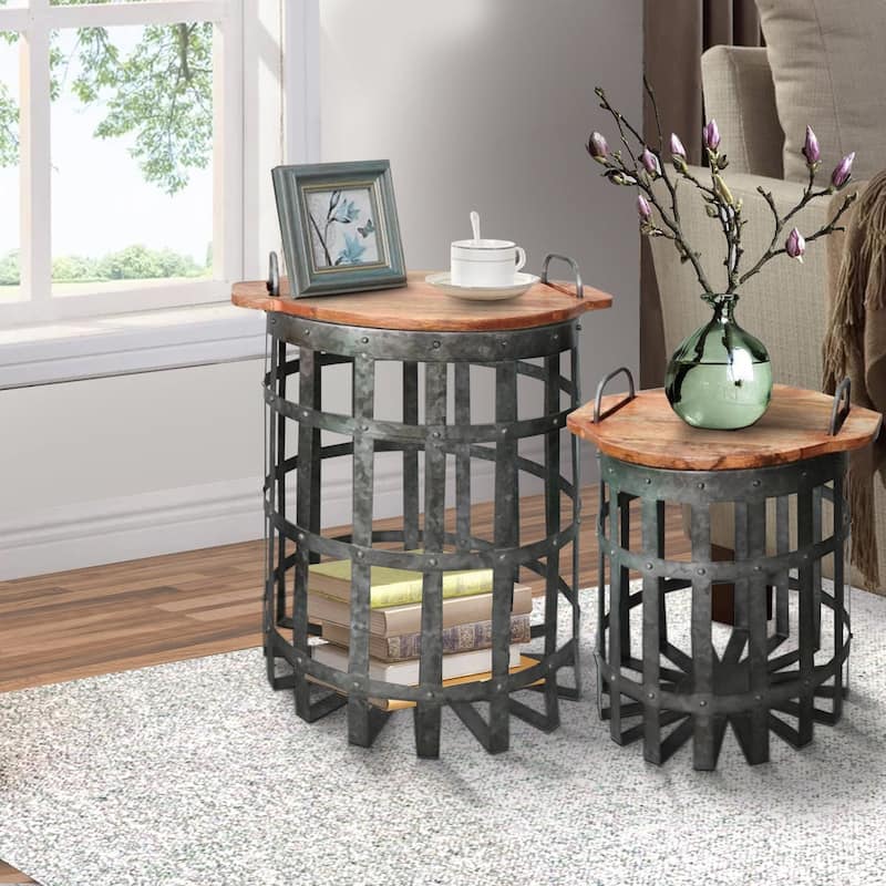 Industrial Grid Galvanized Accent End Table with Round Lid and Handles, Set of 2, Gray and Brown - 90 H x 90 W x 1 L