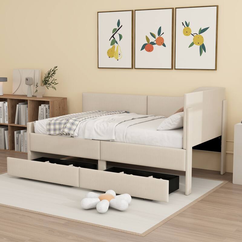Upholstered bed frame with 2 storage drawers - Beige