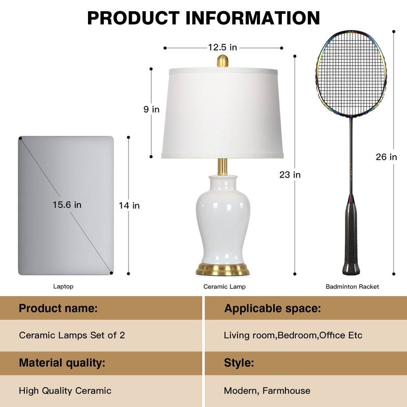 23-Inch Ceramic Ginger Jar Table Lamp with White Fabric Shade and LED Bulb