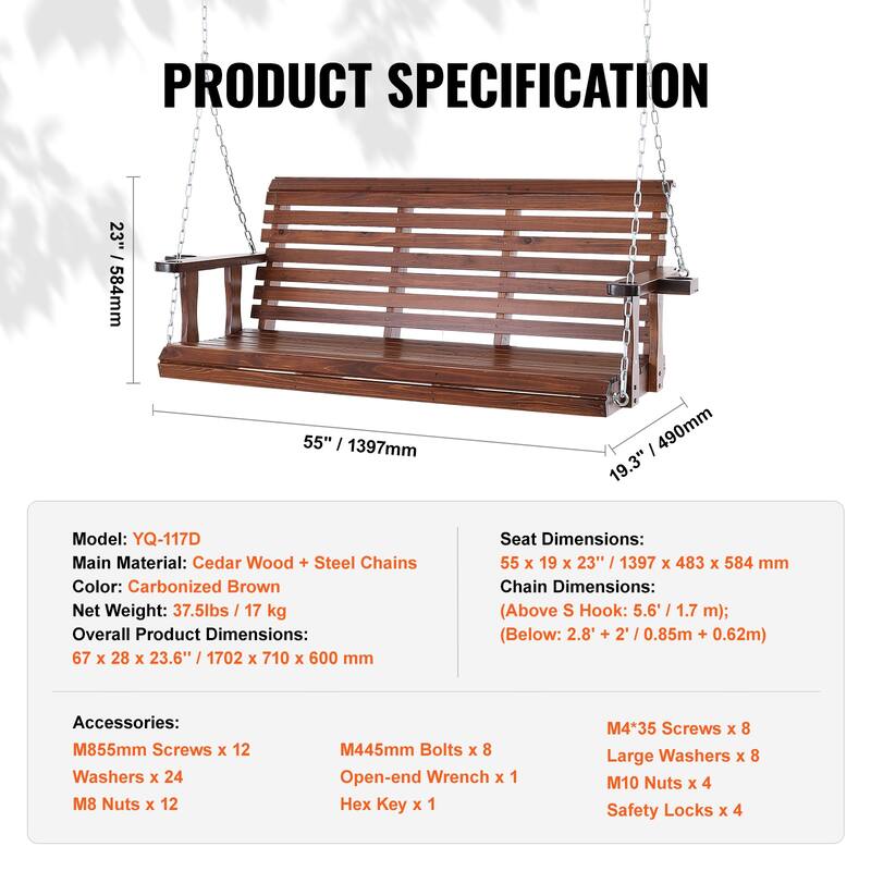 Wooden Porch Swing Heavy Duty Swing Chair Bench with Hanging Chains for Outdoors