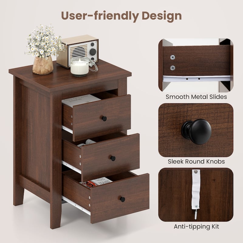 Costway 1PC/2PCS Nightstand End Beside Sofa Table w/ 3 Drawers Bedroom