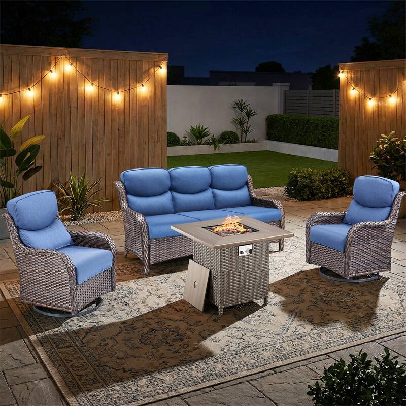 Pocassy Outdoor Propane Fire Table with Sofa Swivel Chair Table Funiture Set. - Brown Wicker Blue Cushion - 4-Piece Sofa Swivel Chair w/ Fie Pit Table