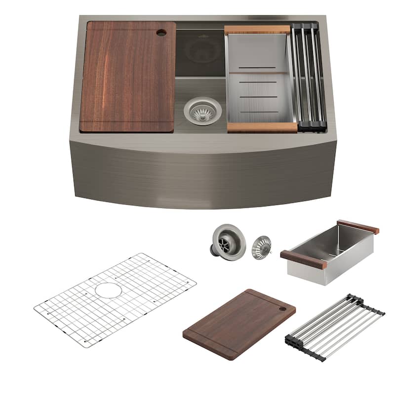 Stainless Steel Sink 16-Gauge Single Bowl Farmhouse Apron Workstation Kitchen Sink in Brushed with Accessories - 36" x 22"