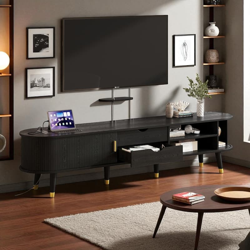 Oval Fluted TV Stand with Charging Station, 74.8" Wide Mid-Century Console for TVs up to 80", Sliding Tambour Doors, Black