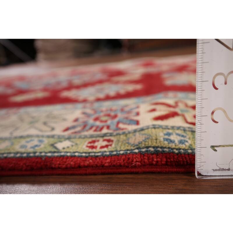 Red Geometric Kazak Rug Hand-Knotted Traditional Wool Carpet - 5'0" x 7'0"