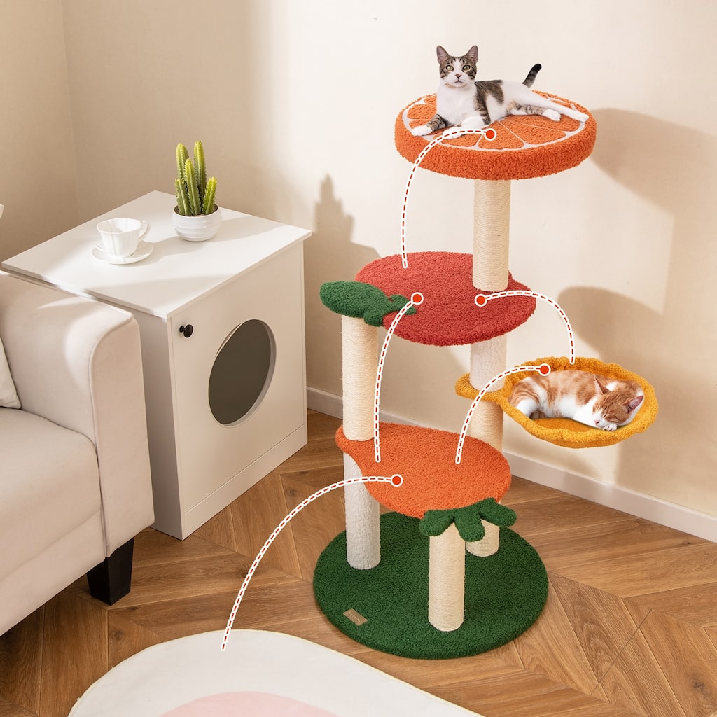 39" Multiple Climbing Levels Cat Tree with Orange Perch Apple and Carrot Platform Sisal Scratch Posts