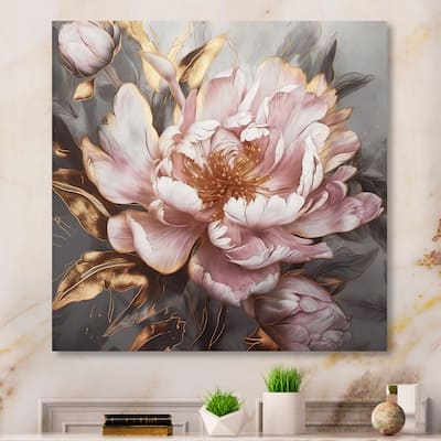 Designart "Pink Gold Peonies Petals" Floral Peony Metal Wall Art
