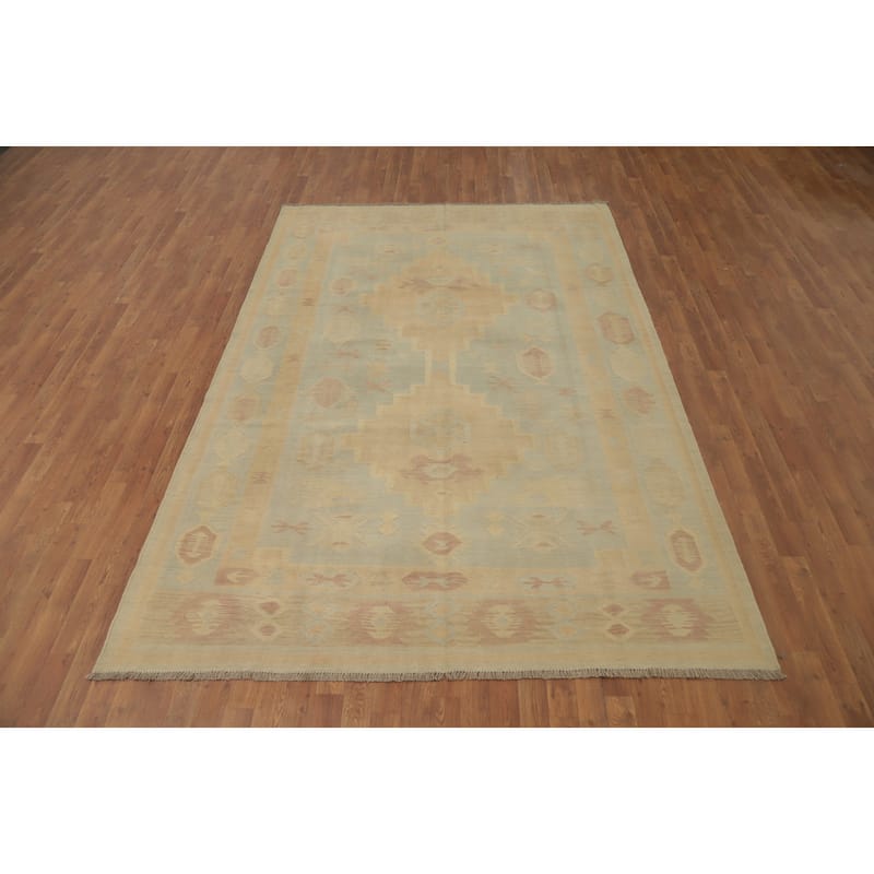 Hand Woven Oriental 100% Wool Carpet Southwestern Tribal Navy Blue & Blues Kilim Area Rug - 9' 10'' X 6' 7''