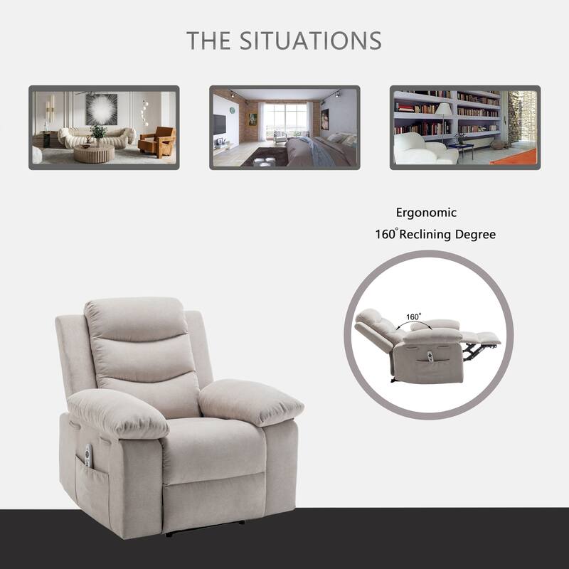 Ergonomic Electric Recliner Chair Velvet Single Sofa Recliner Chair with 8 Point Vibration Massage, Heating and Side Pocket