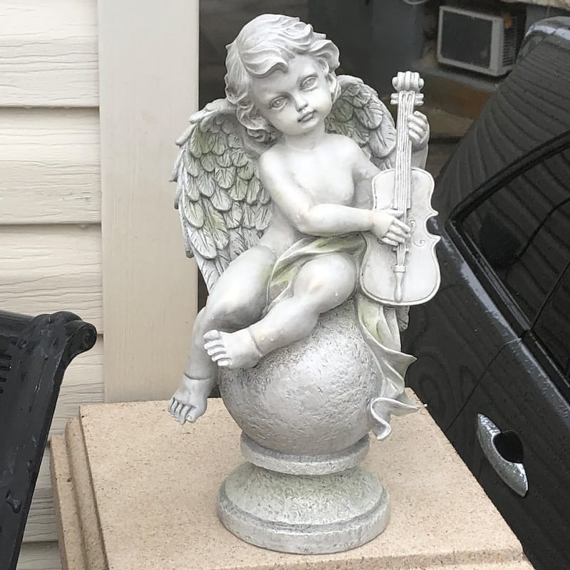 Set of 2 Cherub Angels with Violin and Harp on Finials Outdoor Garden Statues 15.25"
