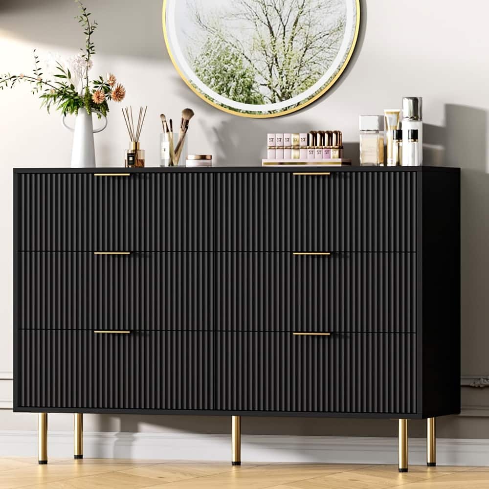 6 Drawer Fluted Dresser for Bedroom, Modern Wooden Storage Chest with Gold Handles