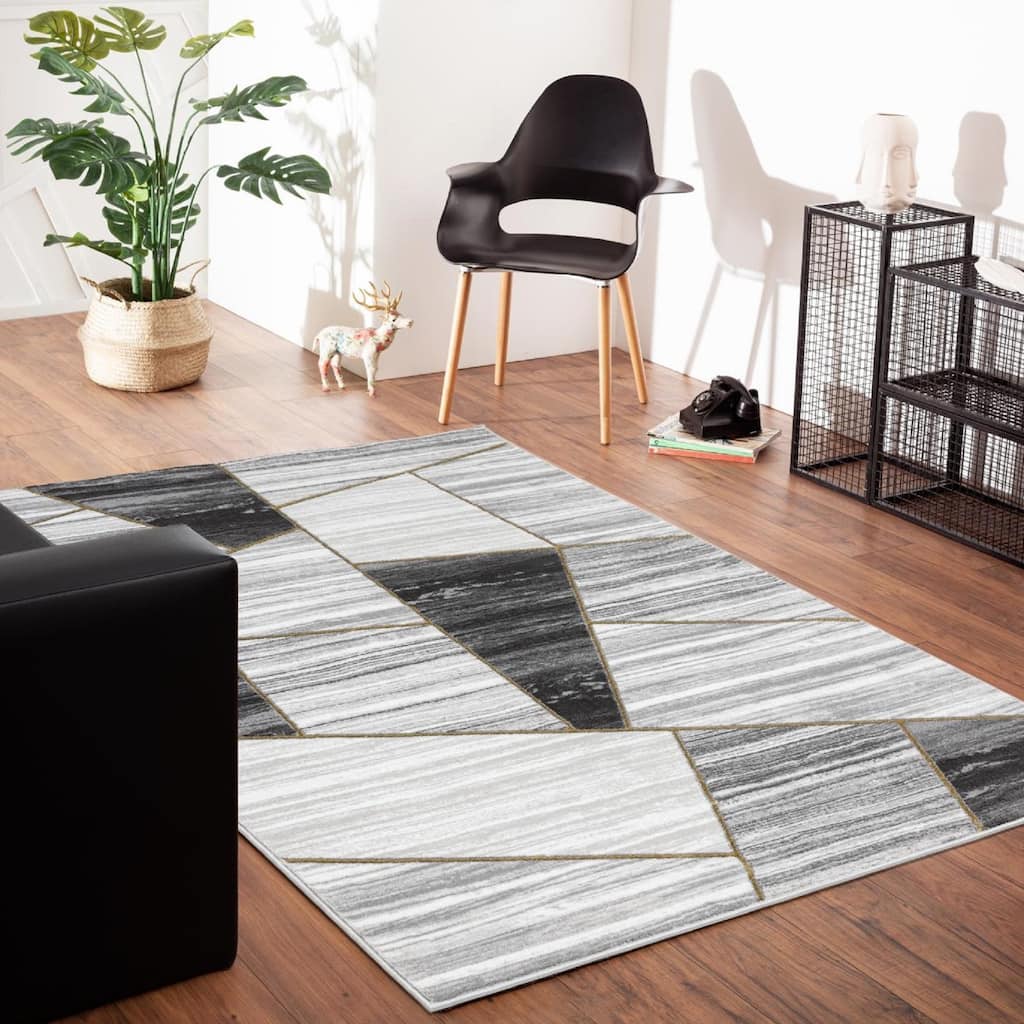 Brooklyn Collection Abstract Geometric Grey/Gold Area Rug