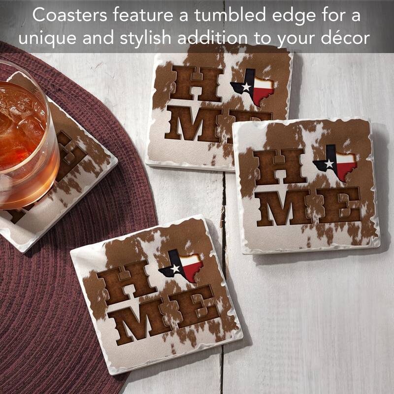 Texas Cowhide Home 4-Pack Tumbled Tile Stone Coasters with Protective Cork Backing Manufactured in The USA