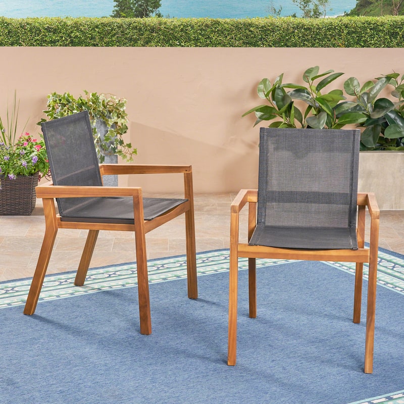 Outdoor 2 Piece Wooden Armrest Dining Chair with Mesh Backrest for Dining Room Kitchen Bedroom Living Room