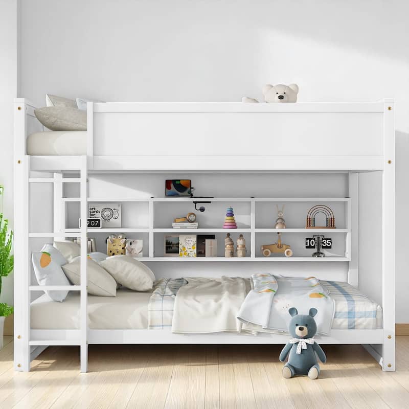 Queen Bunk Bed with Built-In Storage Cabinets, Charging Ports, and Safety Guardrails