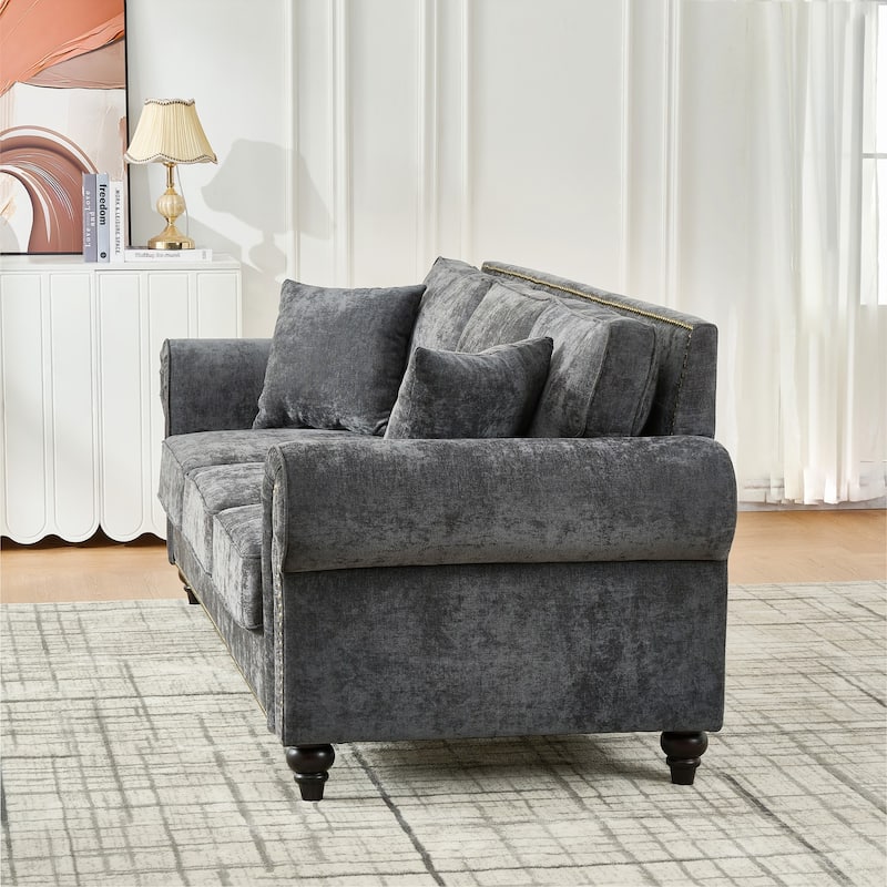 Living Room Deep Seat Rolled Arms Sofa Chenille Upholstered 3 Seater Couch with Wood Legs, Nailhead Trim and Pillows