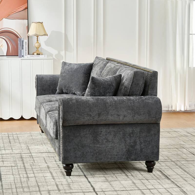 Roomfitters 86" Modern Upholstered Sofa with Scrolled Arms and Nailhead Trim, Classic 3-Seater Couch for Living Room