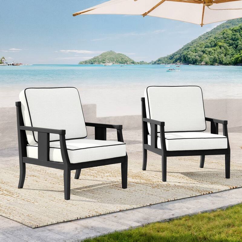 Black Wood Patio Accent Chairs with Water-Resistant Cushions - Beige