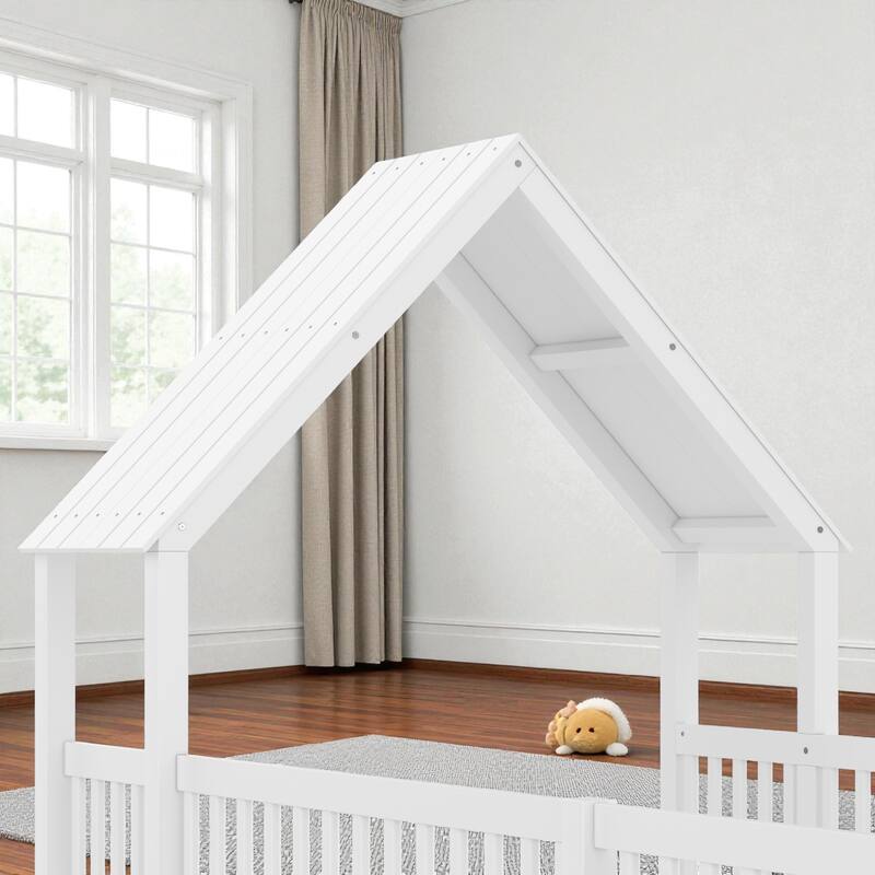 Twin/Full Size House Floor Bed with Door and Guardrails, Double Twin/Full Solid Wood Montessori Bed for Kids