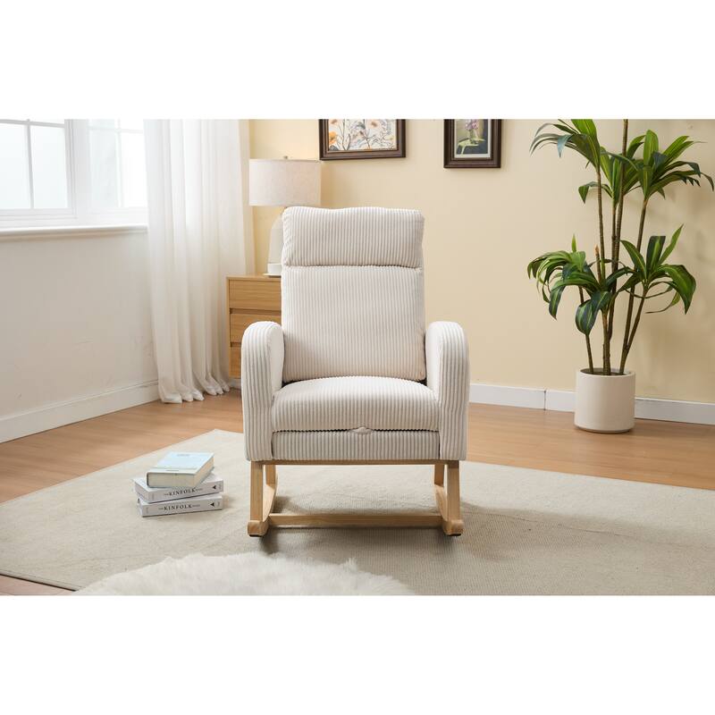 Rocking Chair with Wood Legs, Upholstered Nursery Glider Rocker, Comfy Armchair with Side Pocket, Living Room Lounge Arm Chair