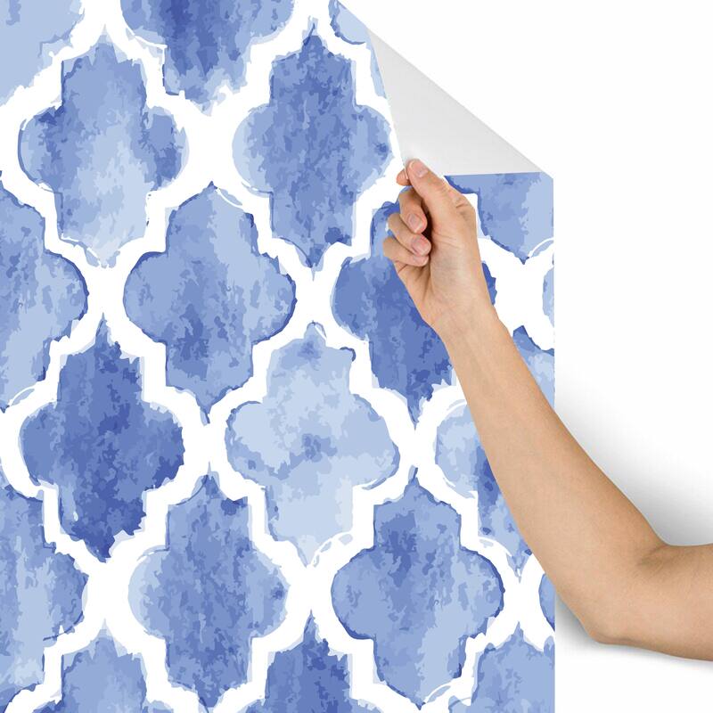 Arabesque Blue watercolor Tiles Removable Wallpaper - 10'ft H x 24''inch W