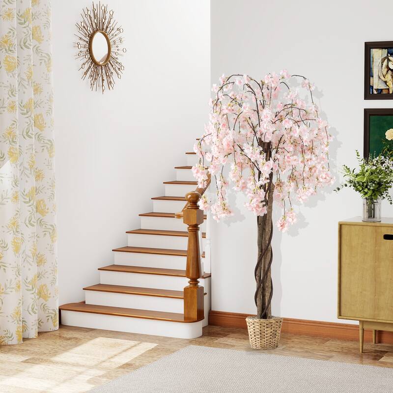 White Polyester PE Solid Wood Cherry Blossom Tree 5.5ft with Cement Pot