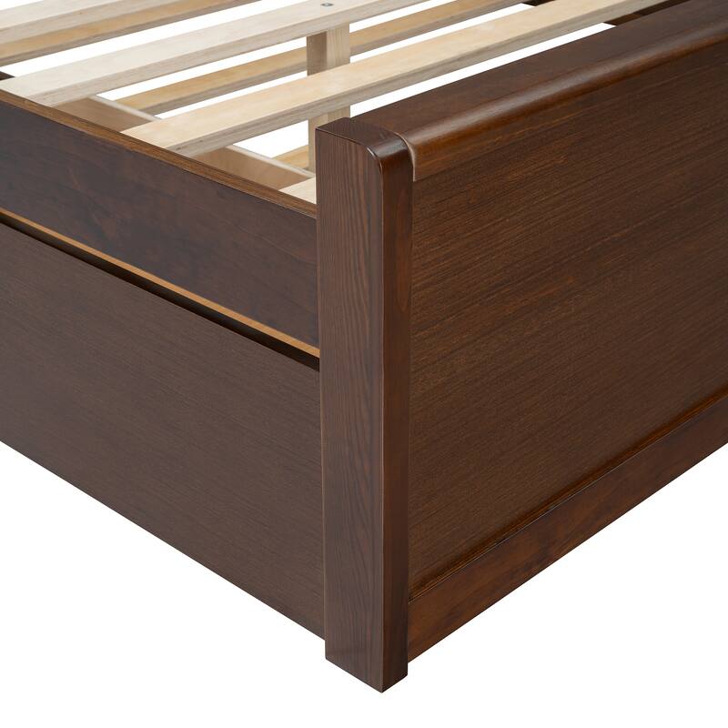 Queen Platform Bed with Rattan Headboard, 2 Storage Drawers and Pull-Out Trundle, with Built-In Compartments