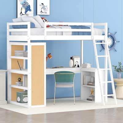 Twin Size Loft Bed with Built-in Desk, Storage Shelves and Drawer