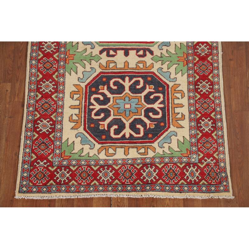 Geometric Kazak Runner Rug Hand-Knotted Wool Carpet - 3'3" x 7'2"