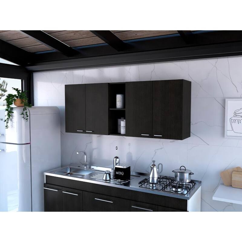 Wall Cabinet with 4 Doors, 2 Open Shelves, Built-In Dish Rack, and Glass Organizer for Kitchen - 59.1X12.4 in - Black + Particle Board