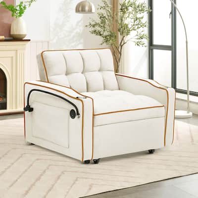 Multifunctional Velvet Upholstered Convertible Storage Futon Chair with Swivel Phone Stand