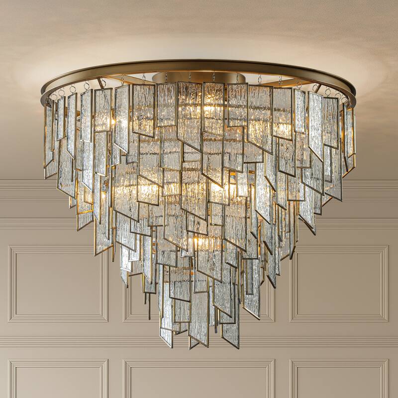 6-Light Luxury Water Ripple Glass Flush Mount Modern Brass Frame Lighting Fixture for Dining Room Living Room and Kitchen Island - W24''