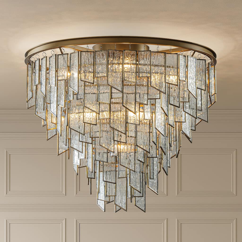 6-Light Luxury Water Ripple Glass Flush Mount Modern Brass Frame Lighting Fixture for Dining Room Living Room and Kitchen Island