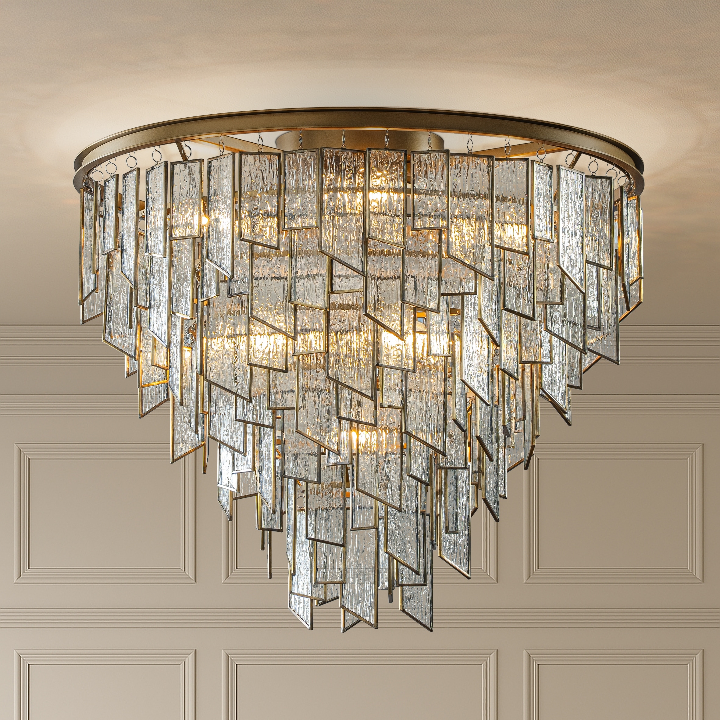 AloaDecor 6-Light Luxury Water Ripple Glass Flush Mount Modern Brass Frame Lighting Fixture for Dining Room Living Room