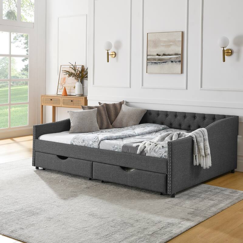 Tufted Button Daybed with 2 Storage Drawers/Upholstered Sofa Bed Frame w/Copper Nail on Waved Shape Armrests/No Spring Box Need - Dark Grey - Queen