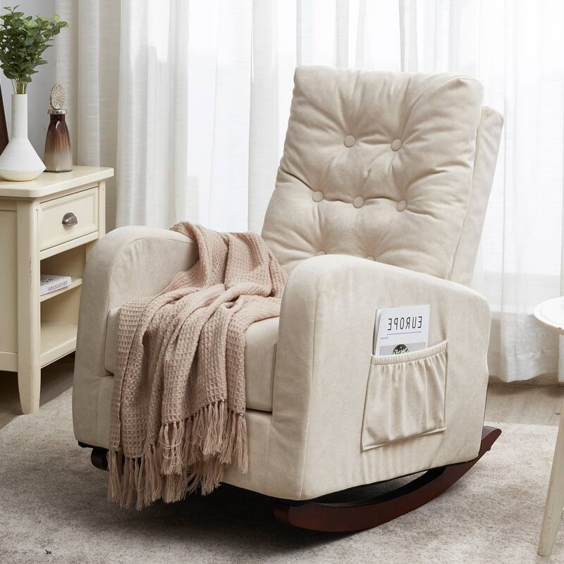 Beige Adjustable Recliner for Balcony or Tatami, with High Back Design, Solid Wood Legs, and Side Storage Pockets - Beige